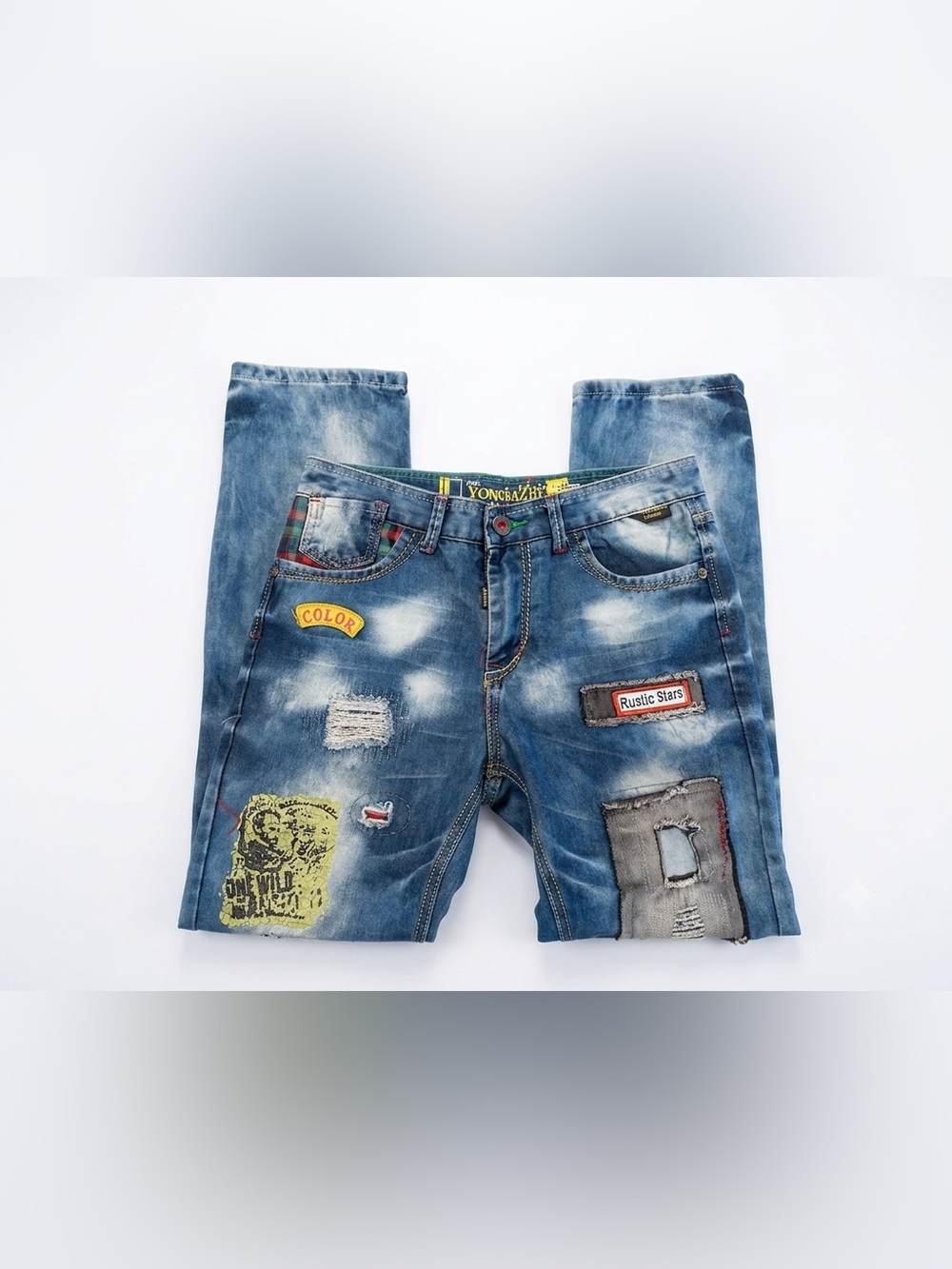 Yongbazhe Distressed Patchwork Jeans Mens 32 Y2K Streetwear Punk Graphic Denim‎